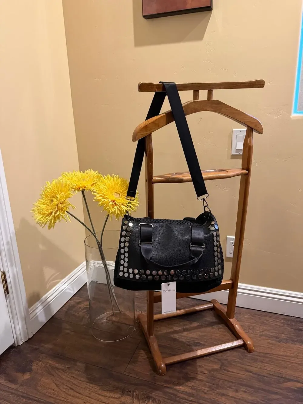 Black Woven & Studded Convertible Crossbody Shoulder Bag - Boho Edgy Satchel
